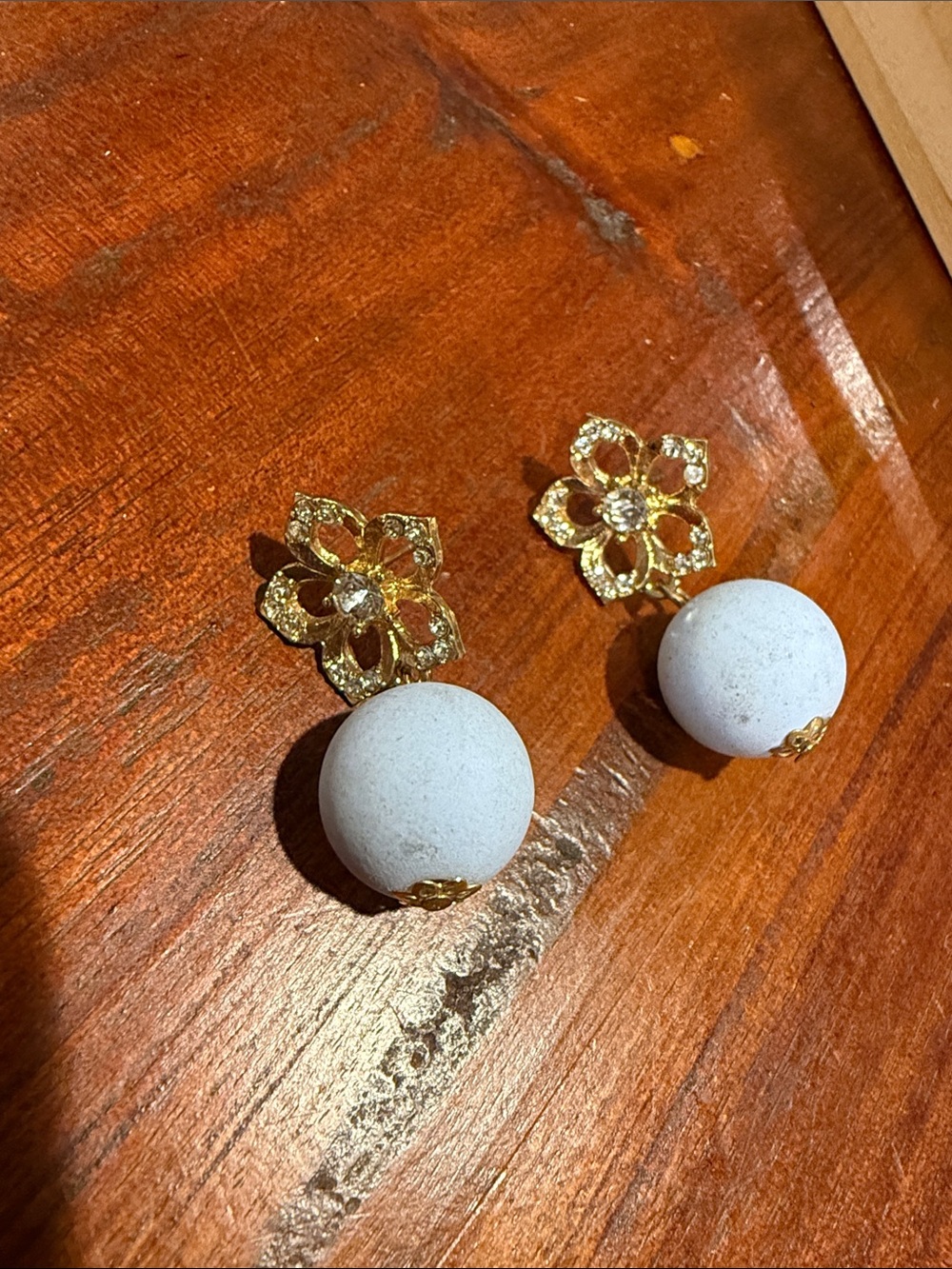 Gold Floral Drop Earrings with powder blue Spheres